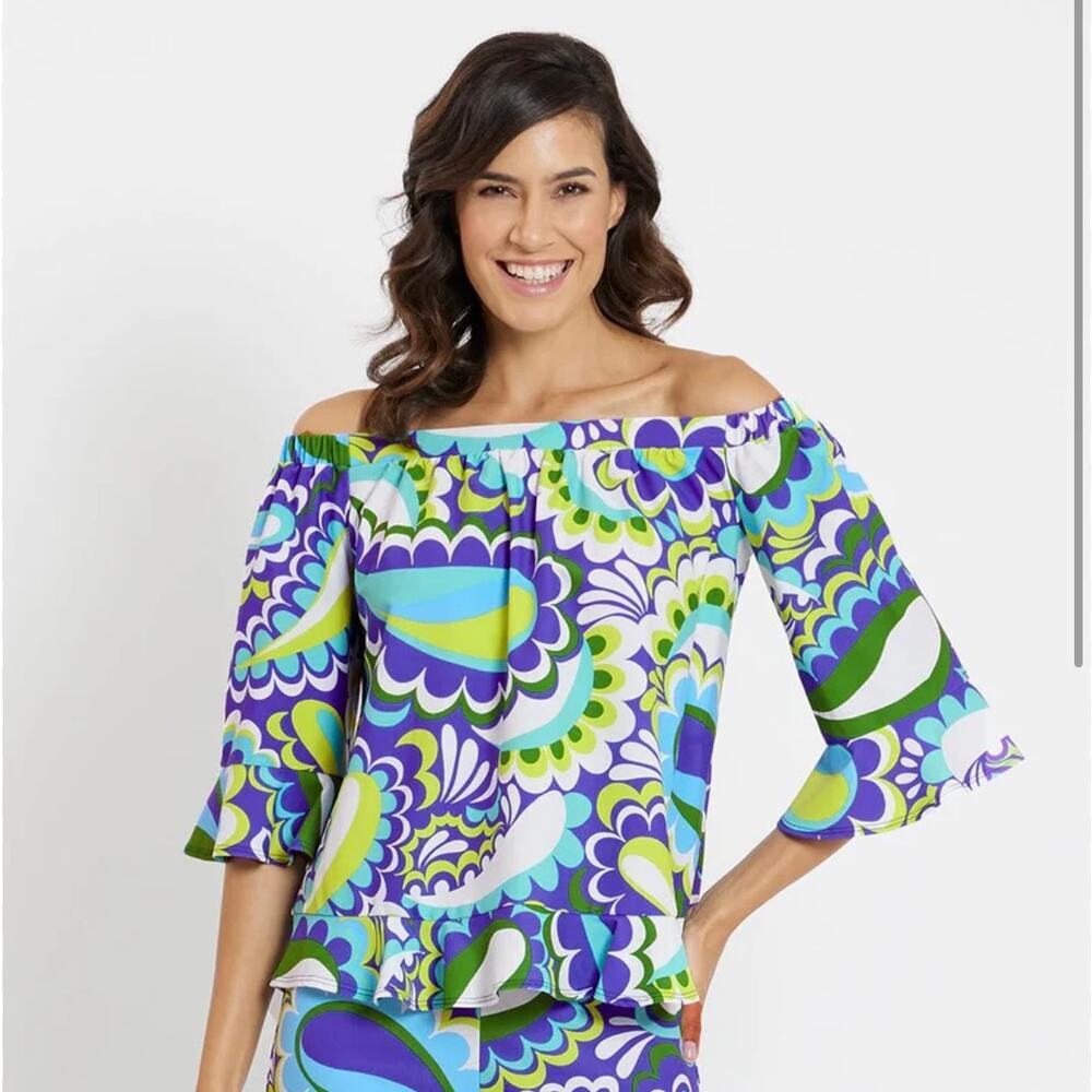 Jude Connally Off Shoulder Top Size S Blue Green Print Stretch USA NWOT